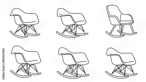 Seamless pattern of mid century modern rocking chairs in black outline