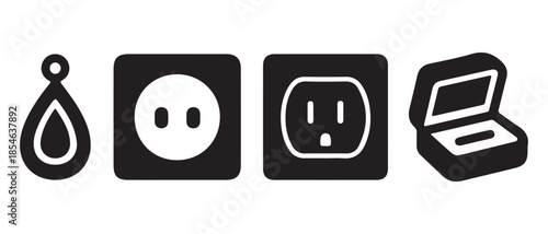 Electricity Symbol Icons, Socket Types, and Electronic Device Icons on White Background.