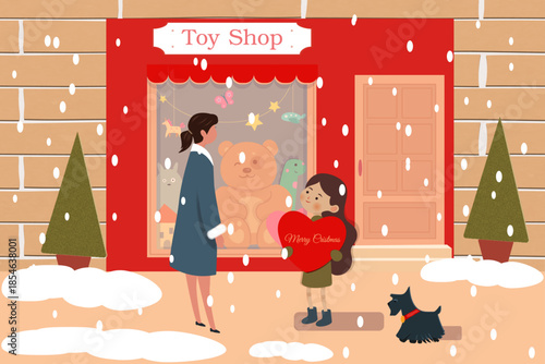 A Christmas toy shop window featuring a mother and girl holding a heart-shaped greeting card, winter holiday illustration.