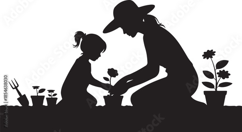 Silhouette of and child gardening together with plants and tools