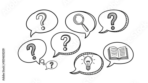 Hand drawn speech bubbles with question marks magnifier lightbulb and book for inquiry