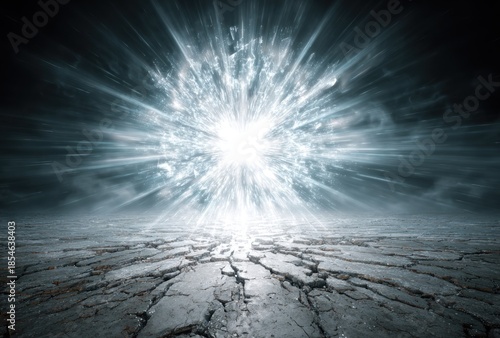 Dramatic explosion of bright light erupts from cracked earth into a clouded, dark sky