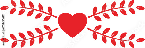 Vibrant red heart centered between delicate leafy branches, symbolizing love and nature
