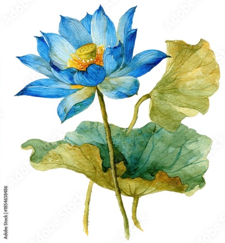 Watercolor rendering of a vibrant blue lotus flower, detailed with leaves and stem