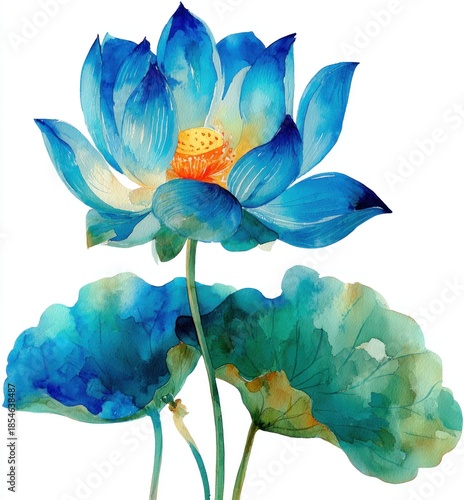 Watercolor depiction of a vibrant blue lotus flower, with leaves, isolated on white
