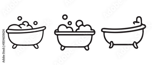 Line Art Bathtubs with Bubbles and a Faucet, Isolated on White Background.