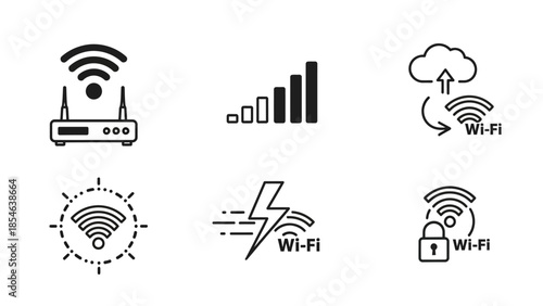 Set of minimal monochrome wireless and network connectivity icons for UI and design