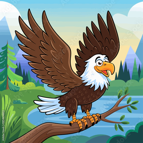 “Cute cartoon eagle perched on tree branch in colorful forest landscape, wings spread, representing wildlife, nature, and freedom concept.”
