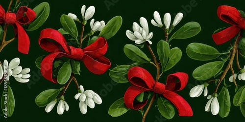 Festive Floral Arrangement with Red Bows and Green Foliage on Dark Background