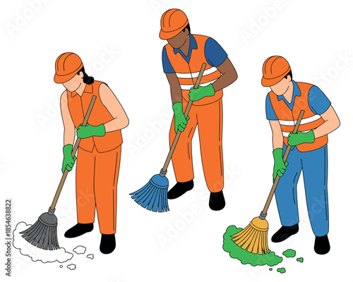 Workers in orange uniforms sweep debris from the ground in an isometric illustration.