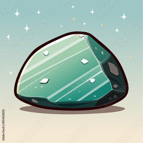 A shiny, cartoon-style gemstone with a smooth, polished surface and a vibrant green color.
