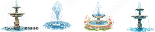 Watercolor set water fountain isolated on white background
