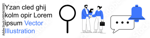 Business interactions, online searching, notifications, communication, networking, teamwork. A man and woman shaking hands, magnifying glass notification icons. Business and communication concept