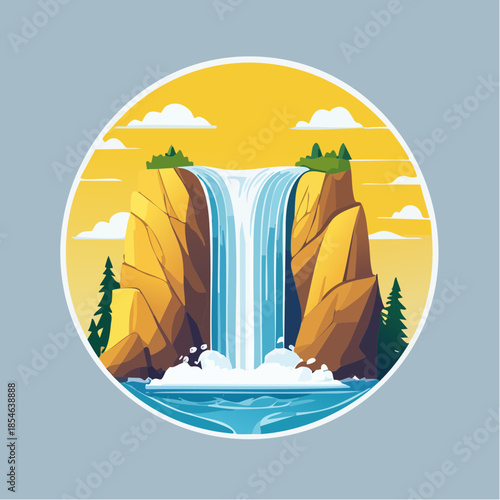 Cartoon illustration of a waterfall cascading between rocky cliffs into a pool of water.