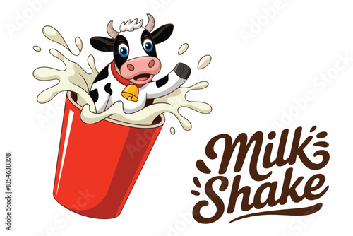 Cartoon cow splashing in red cup with milkshake text vector