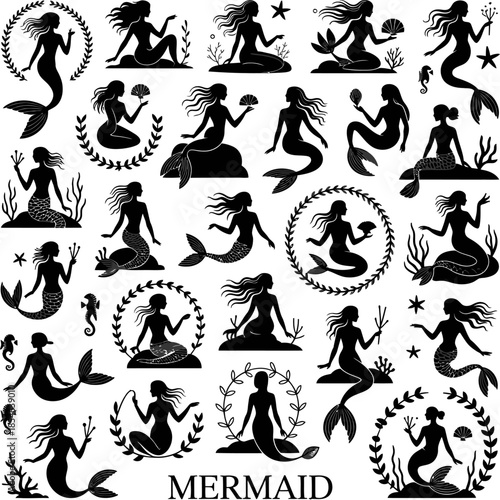 Elegant black mermaid silhouette illustration set featuring mythical sea maidens in graceful poses, tridents, flowing hair, and decorative aquatic elements.