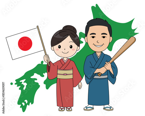 A couple in traditional Japanese clothing holding a flag and a baseball bat with a map of Japan.