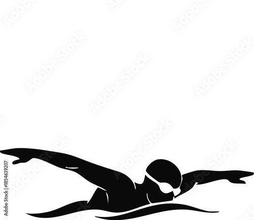 Black silhouette of a male swimmer performing a butterfly stroke in white water