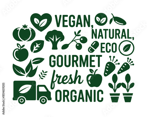 Vegan, Natural, Eco, Gourmet, Fresh, Organic food illustrations with truck