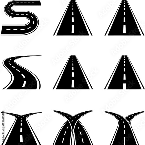 Black road icon set showing straight, curved, and intersecting highways for navigation, transportation, infrastructure, and route design concepts.