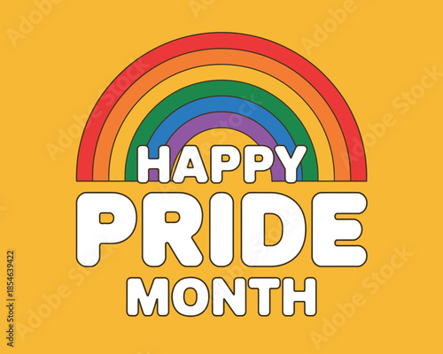 Happy Pride Month text with rainbow graphic on a yellow background.