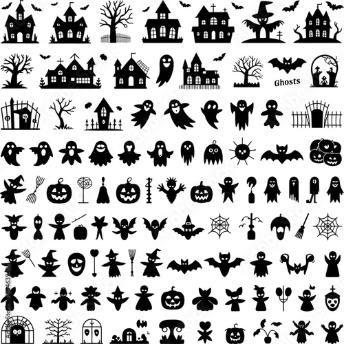Halloween icon collection featuring haunted houses, ghosts, monsters, skulls, witches, bats, trees, and spooky decorative silhouettes.