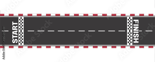 Top-down racetrack illustration with start and finish line, asphalt road, lane markings, barriers, motorsport competition concept, speed, racing, circuit.