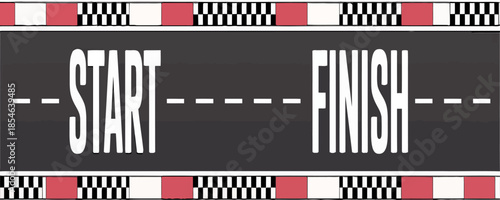 Top-down racetrack illustration with start and finish line, asphalt road, lane markings, barriers, motorsport competition concept, speed, racing, circuit.