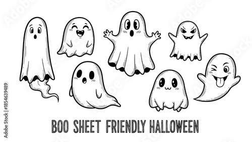 Playful hand drawn ghost characters for friendly Halloween designs