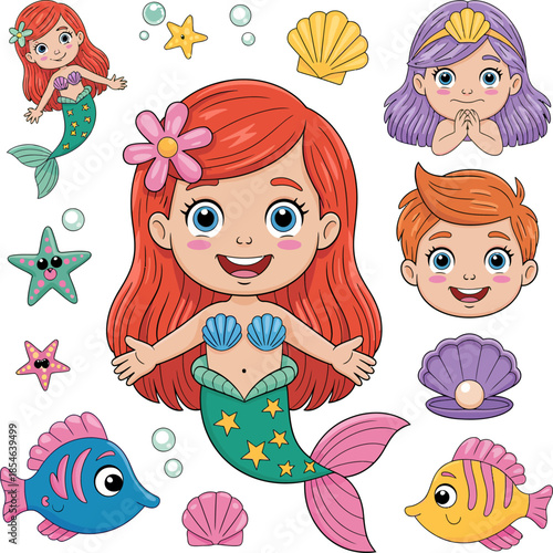Cute cartoon mermaid character set with diverse hairstyles and colorful tails, designed in kawaii style for children’s illustrations.