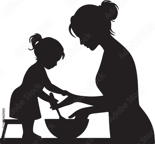 Silhouette of woman and child cooking together in kitchen