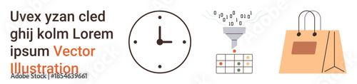 Time management, data filtering, e-commerce, scheduling, shopping, organization. Clock, funnel with binary digits calendar shopping bag. Time management and data filtering on white canvas