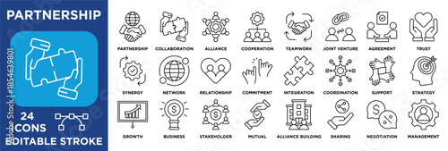 partnership icon collection set. Containing collaboration, teamwork, trust, alliance, business growth, negotiation, management, and strategic cooperation. line vector