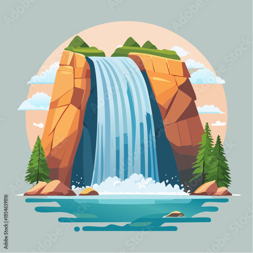 Cartoon illustration of a waterfall cascading down a rocky cliff into a pool of water.