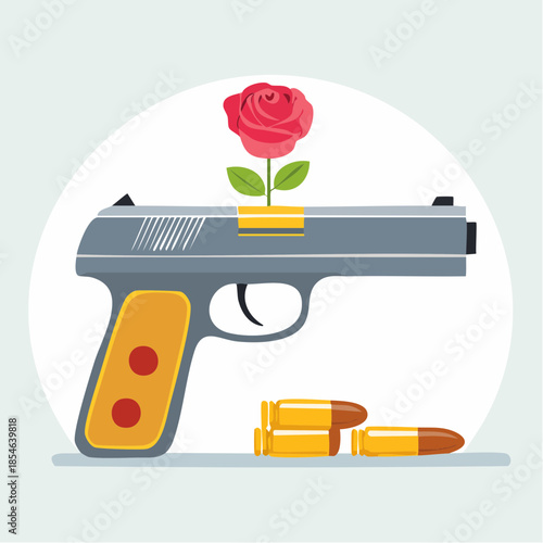 A handgun with a vibrant red rose growing from its barrel, symbolizing peace and anti-violence, with bullets lying nearby.