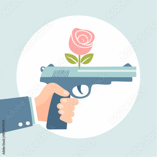 A hand holding a pistol with a pink rose growing out of its barrel, symbolizing peace and non-violence.