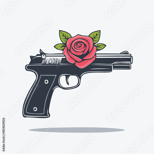A detailed illustration of a dark handgun with a vibrant red rose and green leaves resting on its barrel, symbolizing a contrast between peace and conflict.