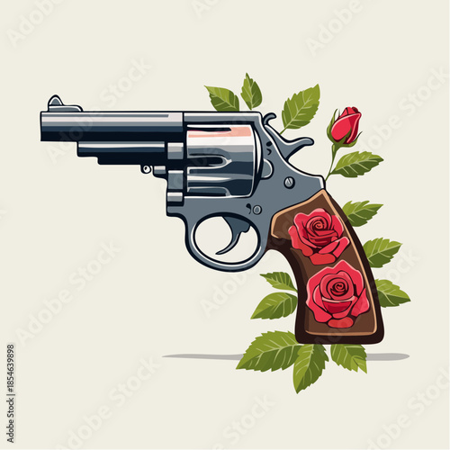 A detailed illustration of a classic revolver handgun with a rose-adorned grip and surrounding green leaves and red flowers.