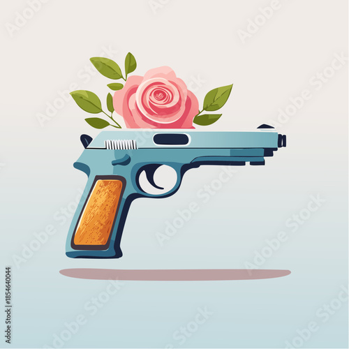 A light blue pistol with a brown grip, featuring a pink rose and green leaves emerging from its barrel, symbolizing peace and beauty.