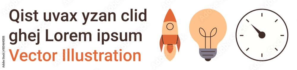 Fototapeta premium Creativity, innovation, idea generation, time management, brainstorming, productivity. Rocket, lightbulb and clock icons next to lorem ipsum text. Creativity and innovation concepts
