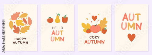 Happy autumn 4 cards collection. Yellow and red leaves and vegetables with inscription. Simple poster on beige background in flat style. Autumn and harvest concept. Vector illustration.
