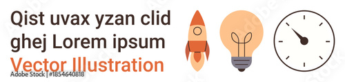 Creativity, innovation, idea generation, time management, brainstorming, productivity. Rocket, lightbulb and clock icons next to lorem ipsum text. Creativity and innovation concepts