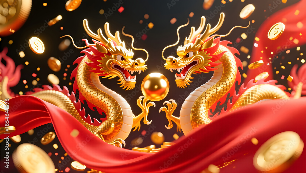 Fototapeta premium Spring celebration with a dragon playing with a pearl of fortune