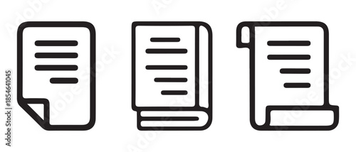 Simple line art illustration depicting three documents or papers in varying states.