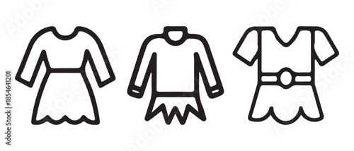 Simple line drawing illustrating three different styles of women s clothing.