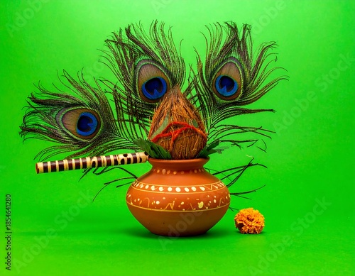 Festive arrangement peacock feathers, pot, coconut, and flute