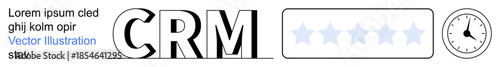 Client management, time tracking, performance review, customer engagement, business tools, productivity concepts. CRM text next to a rating bar and clock. Client management and time tracking