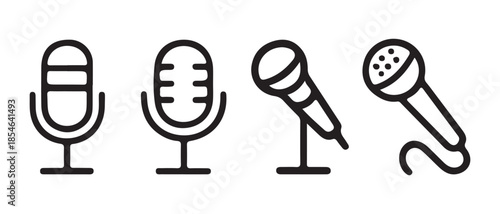 A collection of four different style microphone icons in a simple black and white illustration.
