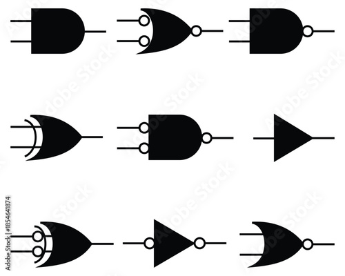 Vector collection of electronic circuit diagram symbols and mechanical gear system icon in black and white line art