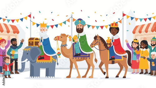 Festive Three Kings Parade Illustration Magi Arriving with Gifts for Epiphany Celebration